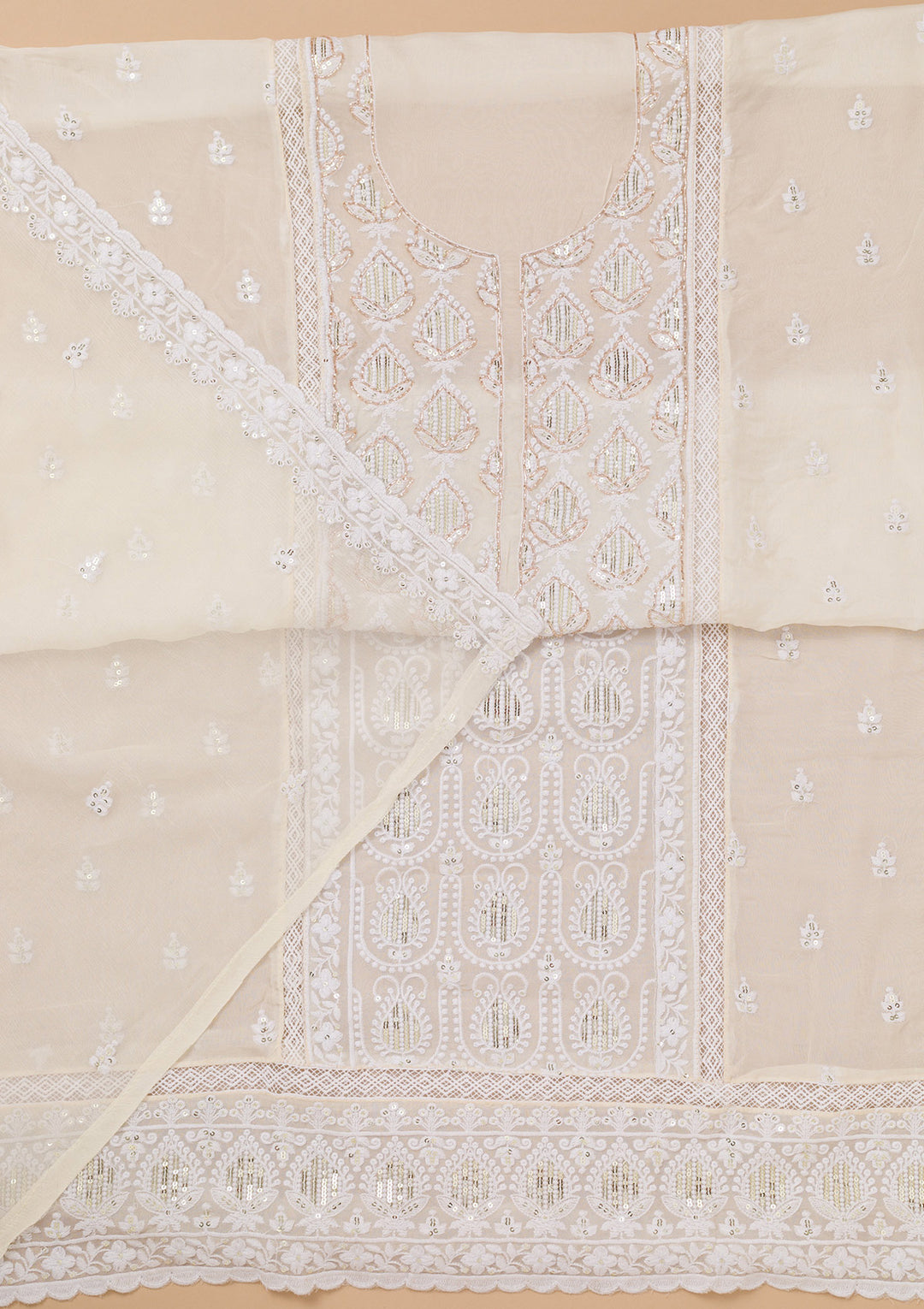 Koskii Georgette Cream Salwar Suit – Unstitched Threadwork Elegance