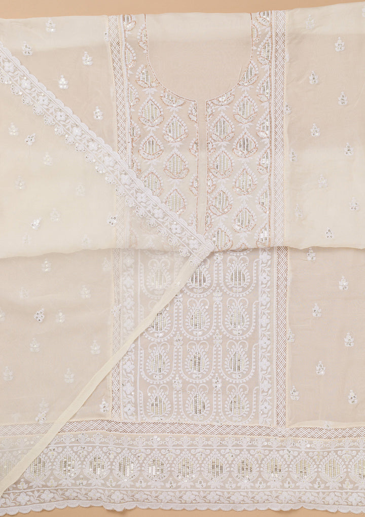 Koskii Georgette Cream Salwar Suit – Unstitched Threadwork Elegance