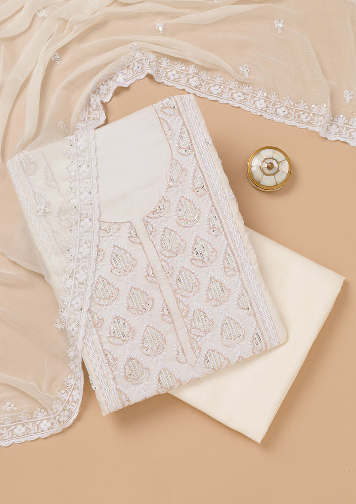 Koskii Georgette Cream Salwar Suit – Unstitched Threadwork Elegance