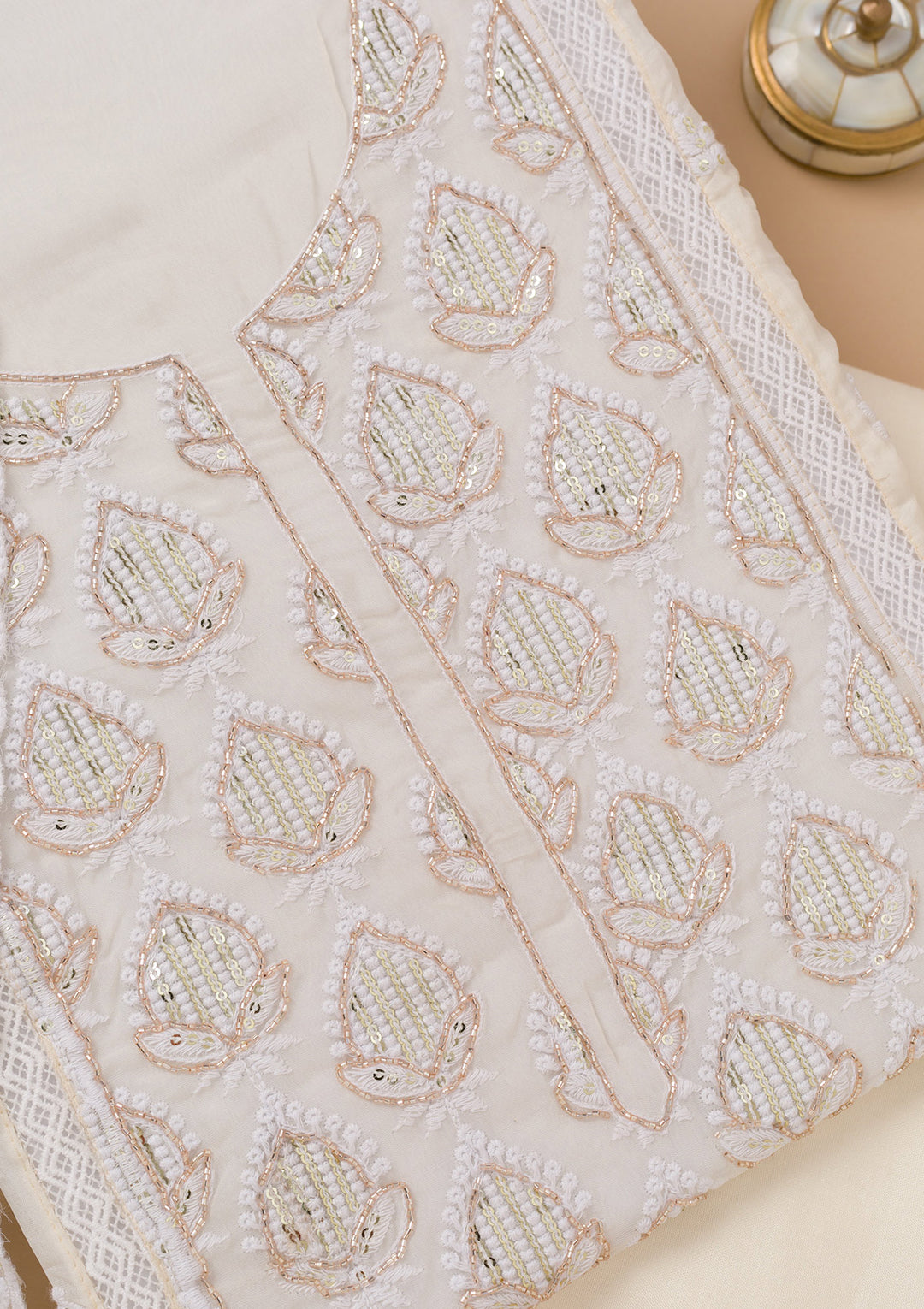 Koskii Georgette Cream Salwar Suit – Unstitched Threadwork Elegance