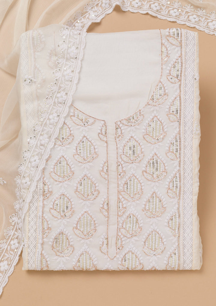 Koskii Georgette Cream Salwar Suit – Unstitched Threadwork Elegance