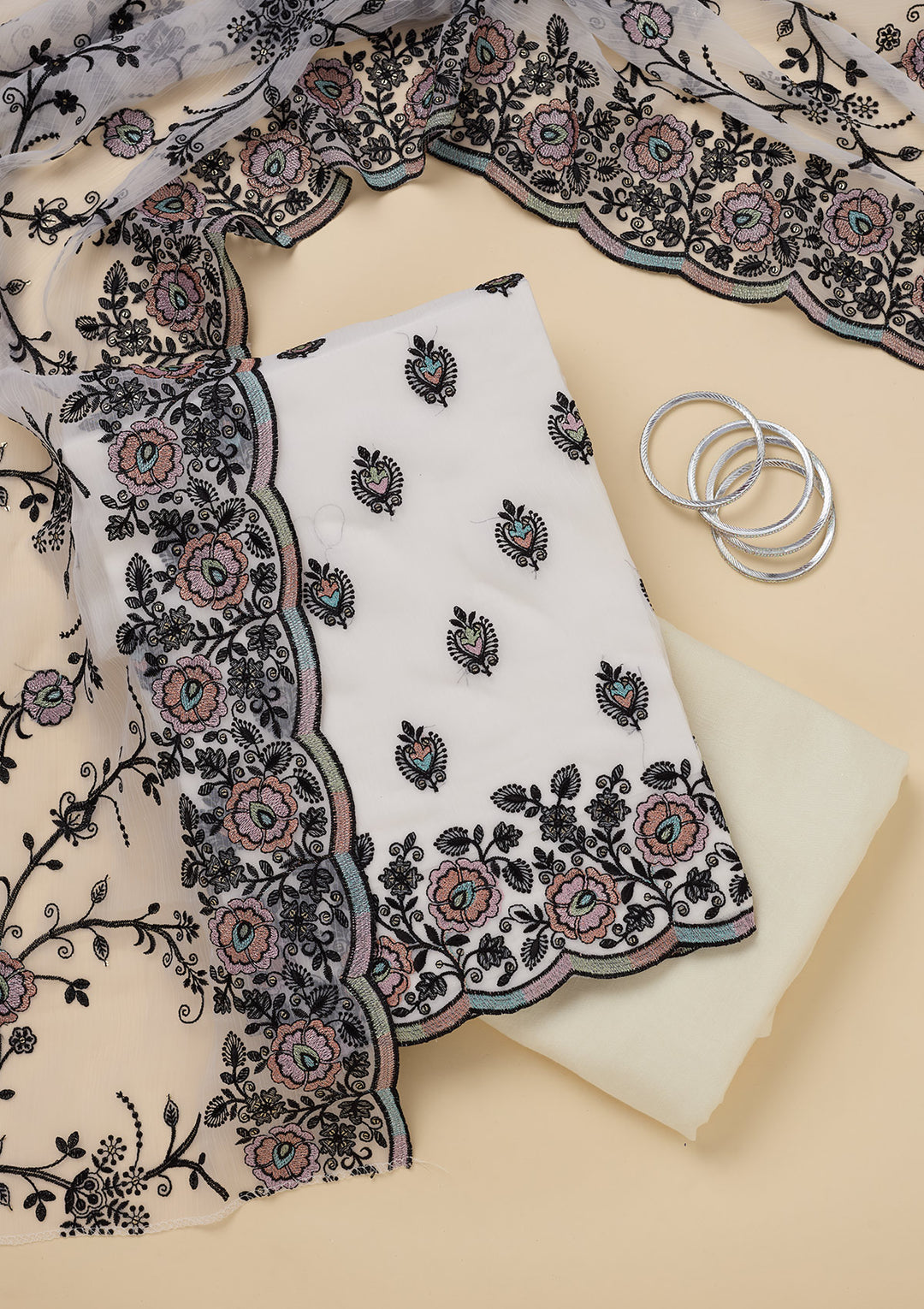 White Chinon Threadwork Unstitched Dress Material With Matching Bottom And Dupatta