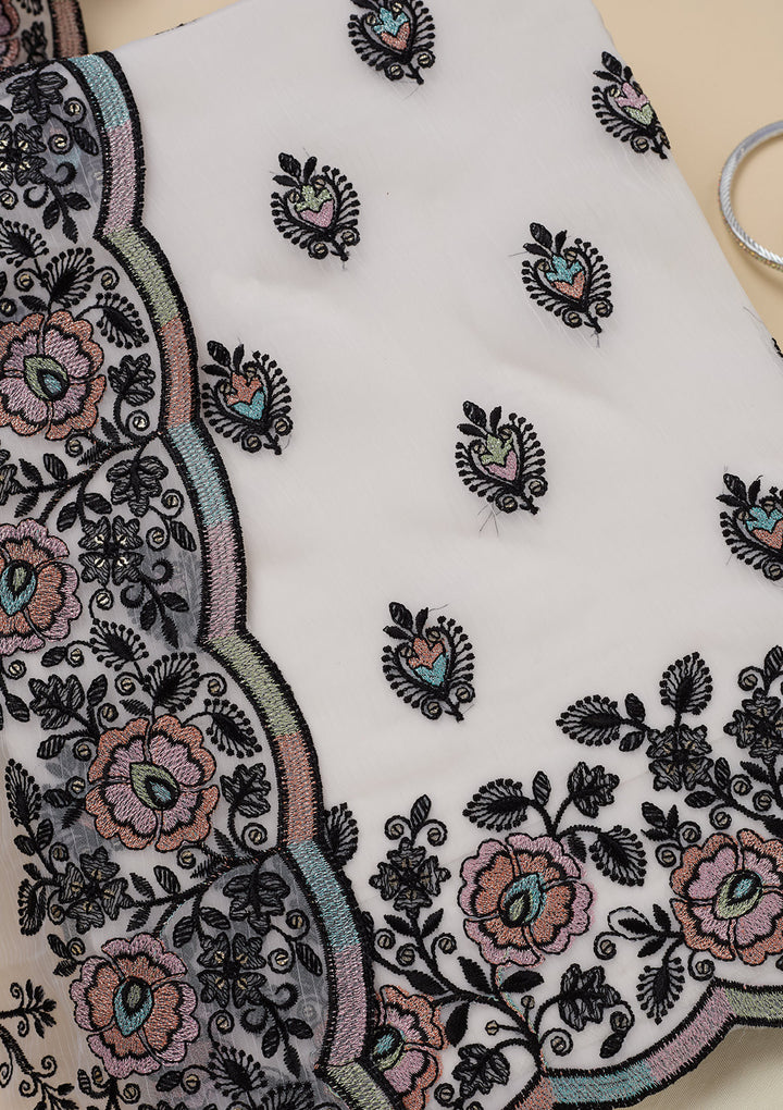 White Chinon Threadwork Unstitched Dress Material With Matching Bottom And Dupatta