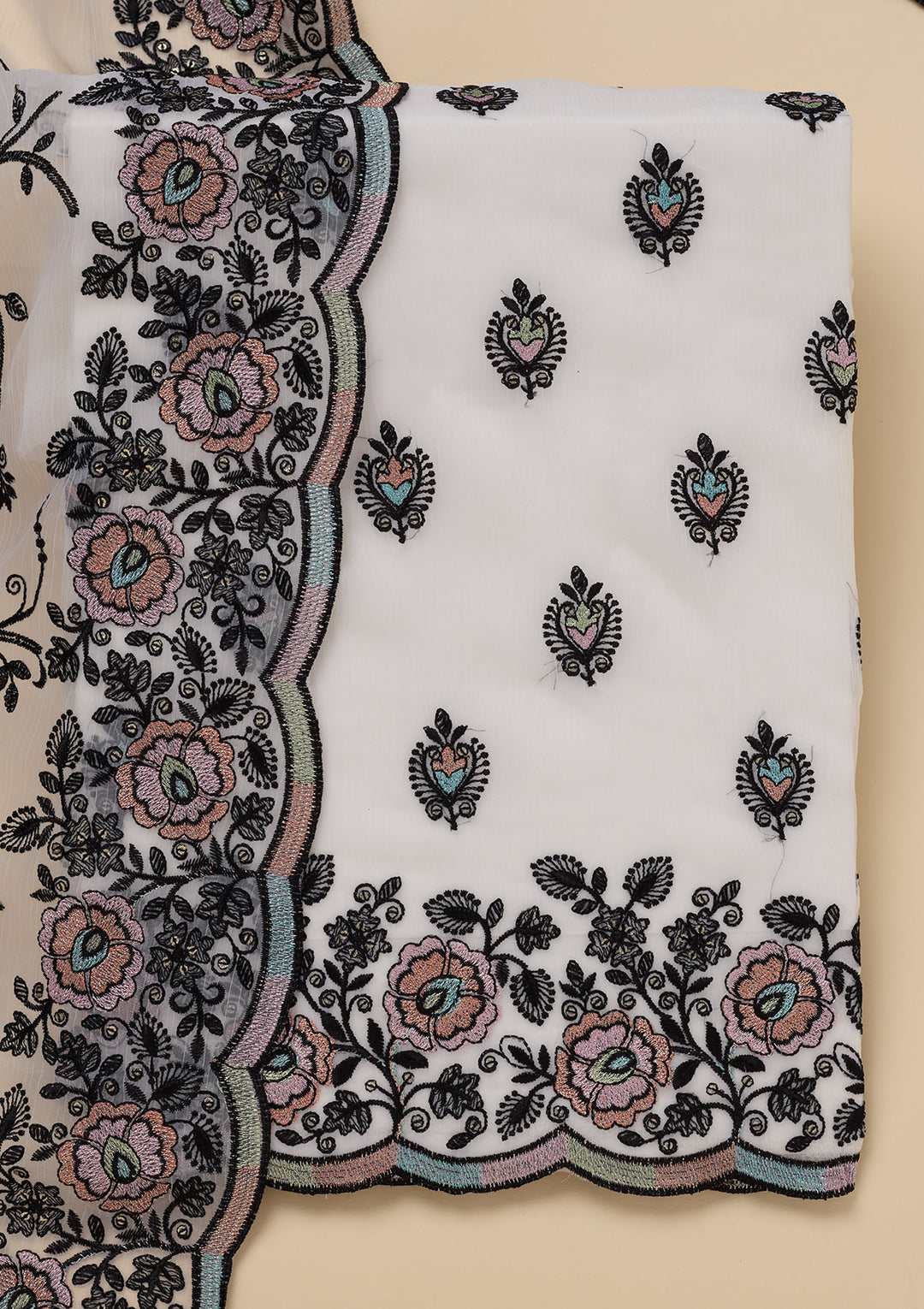 White Chinon Threadwork Unstitched Dress Material With Matching Bottom And Dupatta