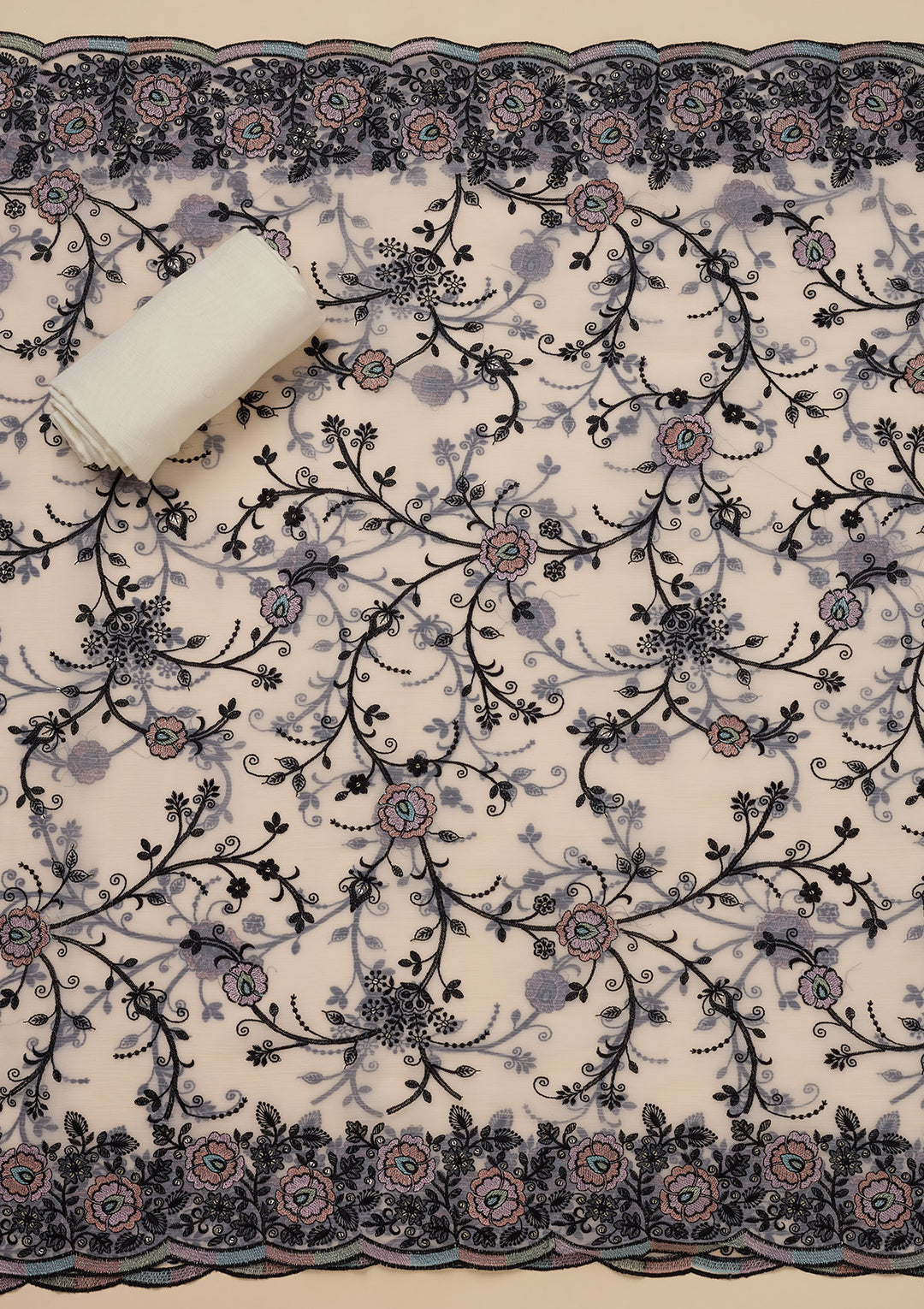 White Chinon Threadwork Unstitched Dress Material With Matching Bottom And Dupatta