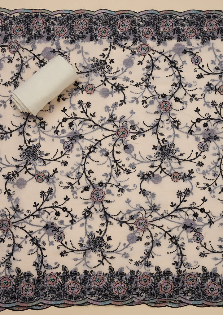 White Chinon Threadwork Unstitched Dress Material With Matching Bottom And Dupatta