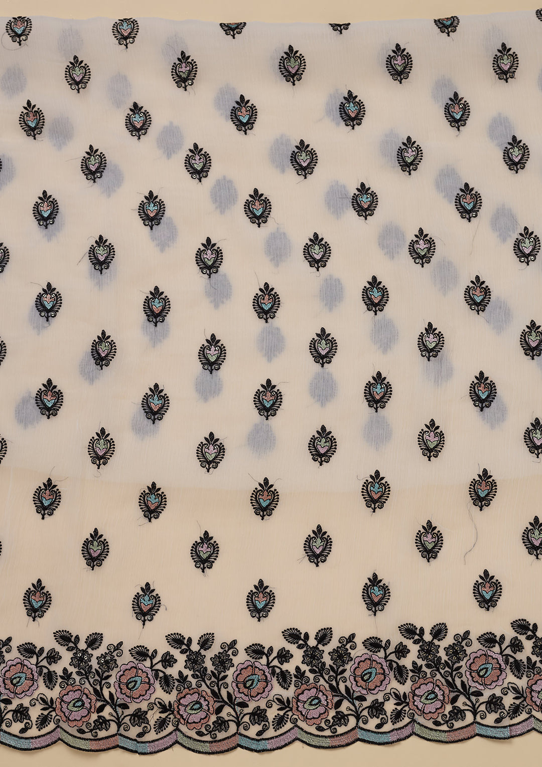 White Chinon Threadwork Unstitched Dress Material With Matching Bottom And Dupatta