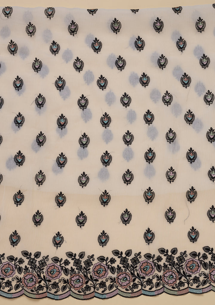 White Chinon Threadwork Unstitched Dress Material With Matching Bottom And Dupatta