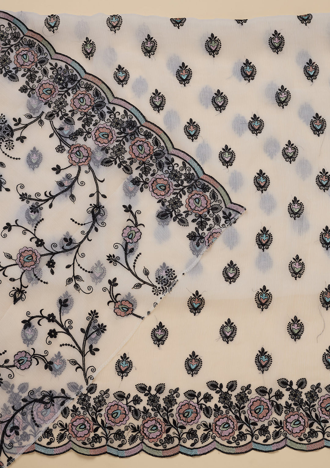 White Chinon Threadwork Unstitched Dress Material With Matching Bottom And Dupatta