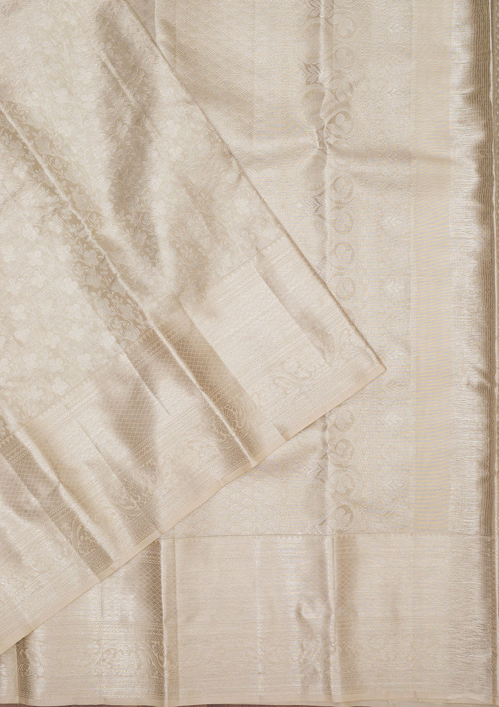 White Silk Jaal Gold Zariwork Saree With Matching Blouse Piece