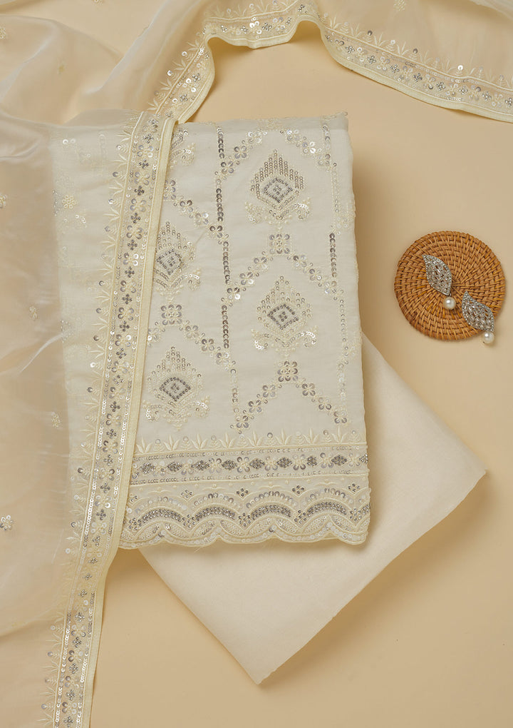 White Crepe Sequins Unstitched Dress Material With Matching Bottom And Dupatta