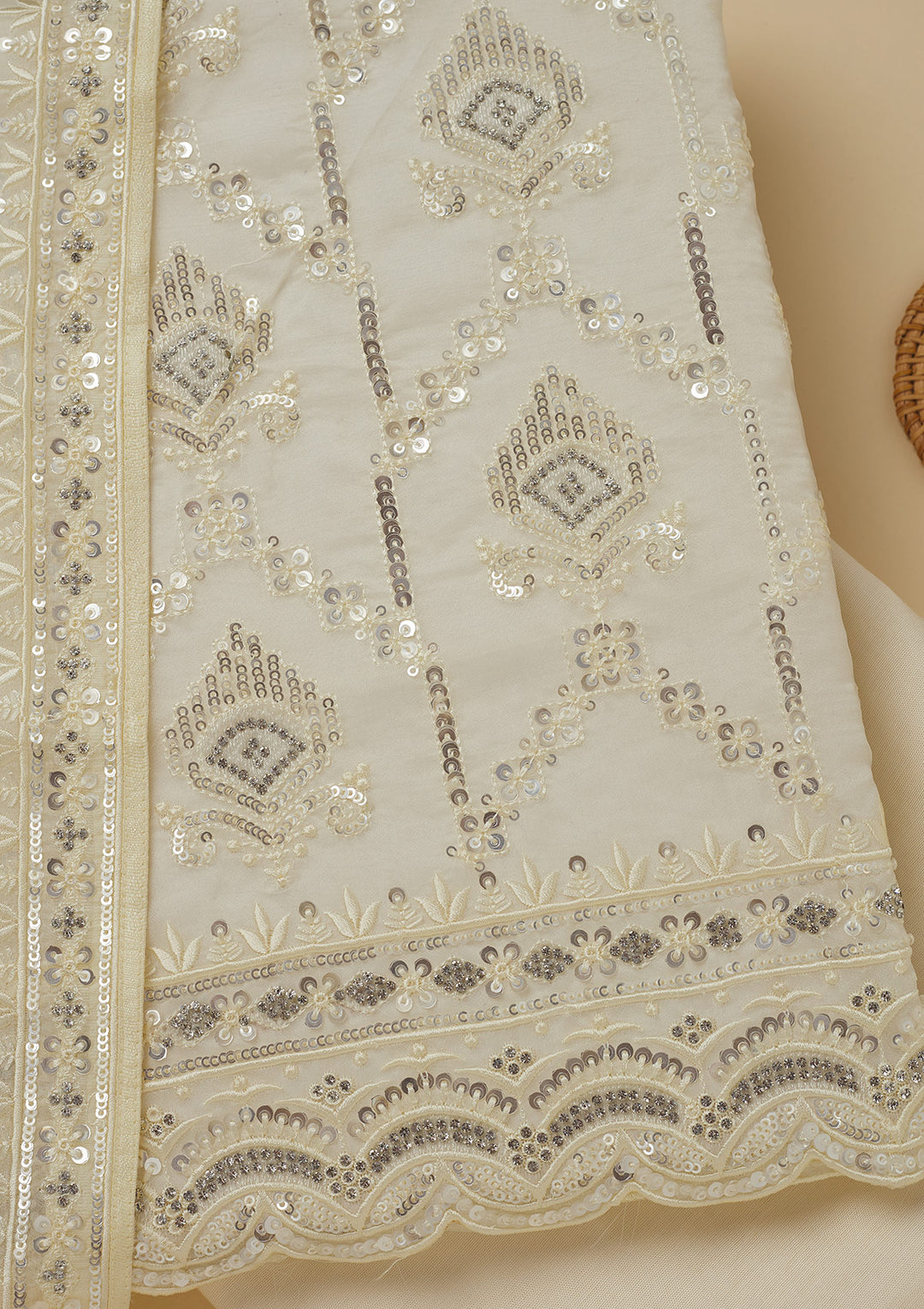 White Crepe Sequins Unstitched Dress Material With Matching Bottom And Dupatta