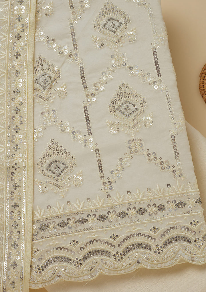 White Crepe Sequins Unstitched Dress Material With Matching Bottom And Dupatta