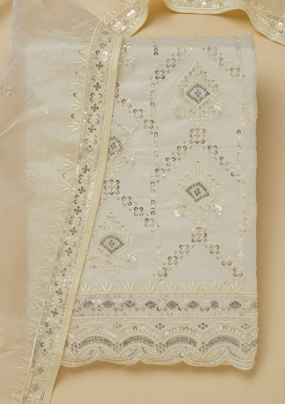 White Crepe Sequins Unstitched Dress Material With Matching Bottom And Dupatta
