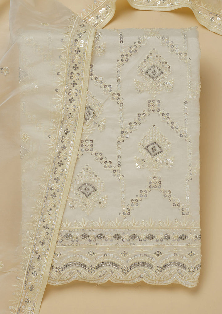 White Crepe Sequins Unstitched Dress Material With Matching Bottom And Dupatta