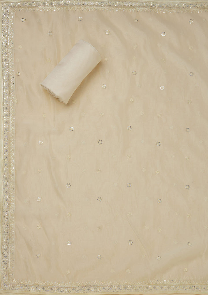 White Crepe Sequins Unstitched Dress Material With Matching Bottom And Dupatta