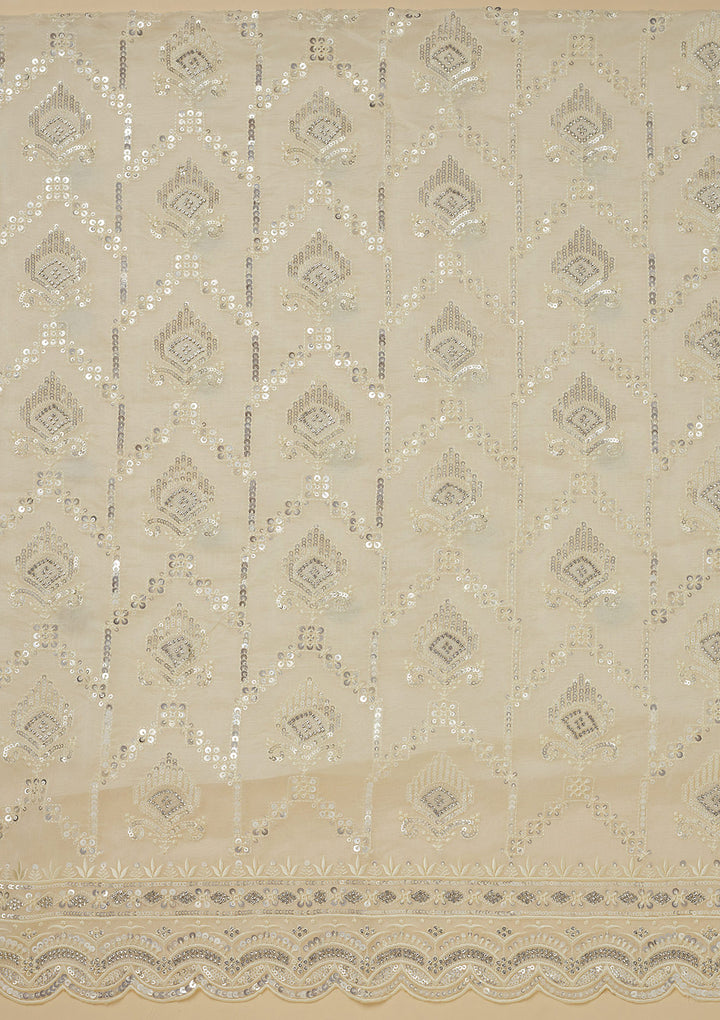 White Crepe Sequins Unstitched Dress Material With Matching Bottom And Dupatta