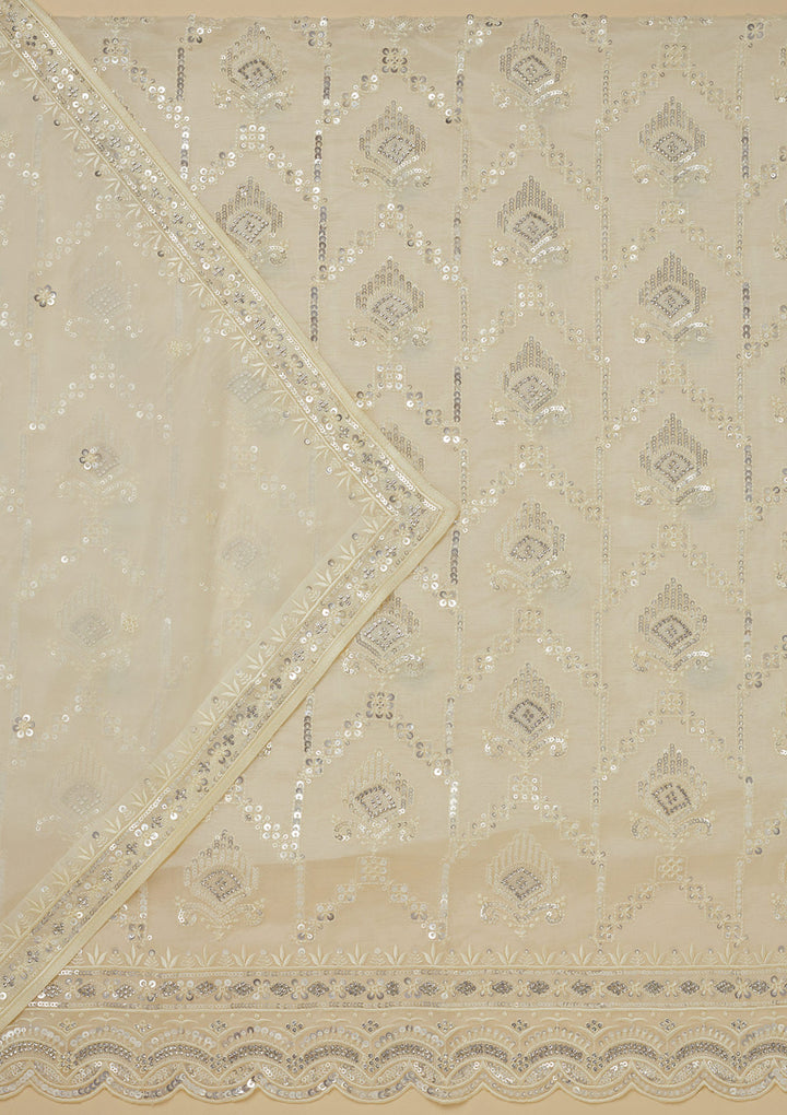 White Crepe Sequins Unstitched Dress Material With Matching Bottom And Dupatta