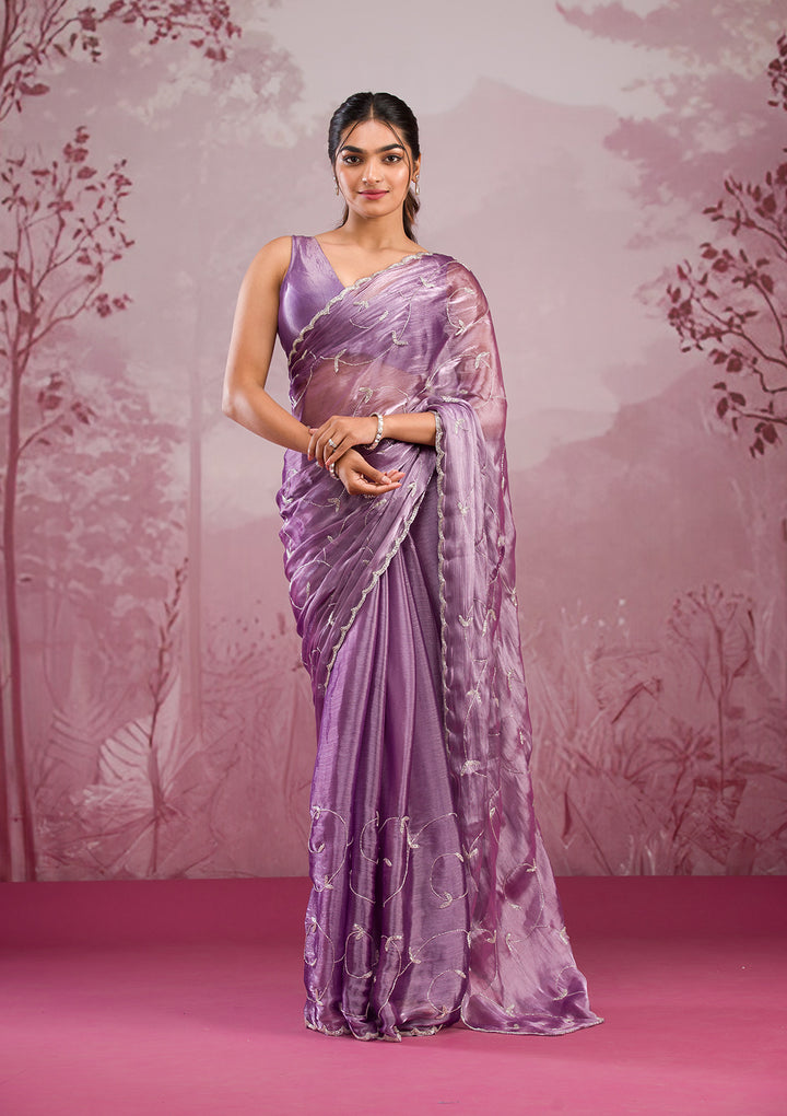 Lavender Organza Cutdana Saree With Matching Blouse Piece