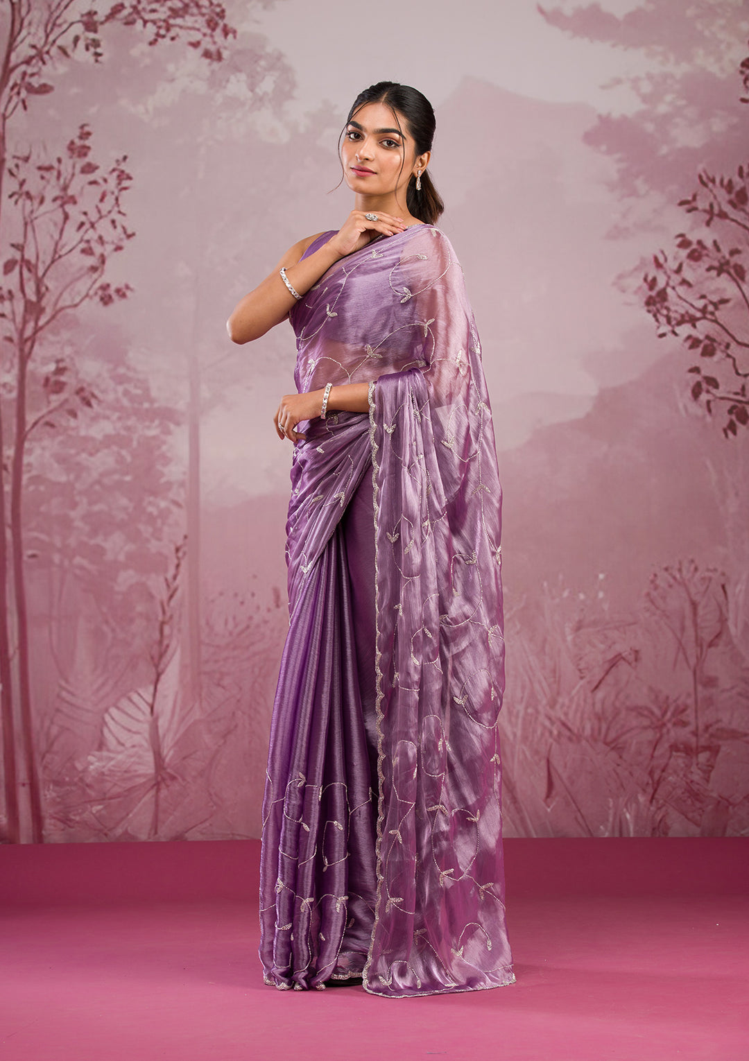Lavender Organza Cutdana Saree With Matching Blouse Piece