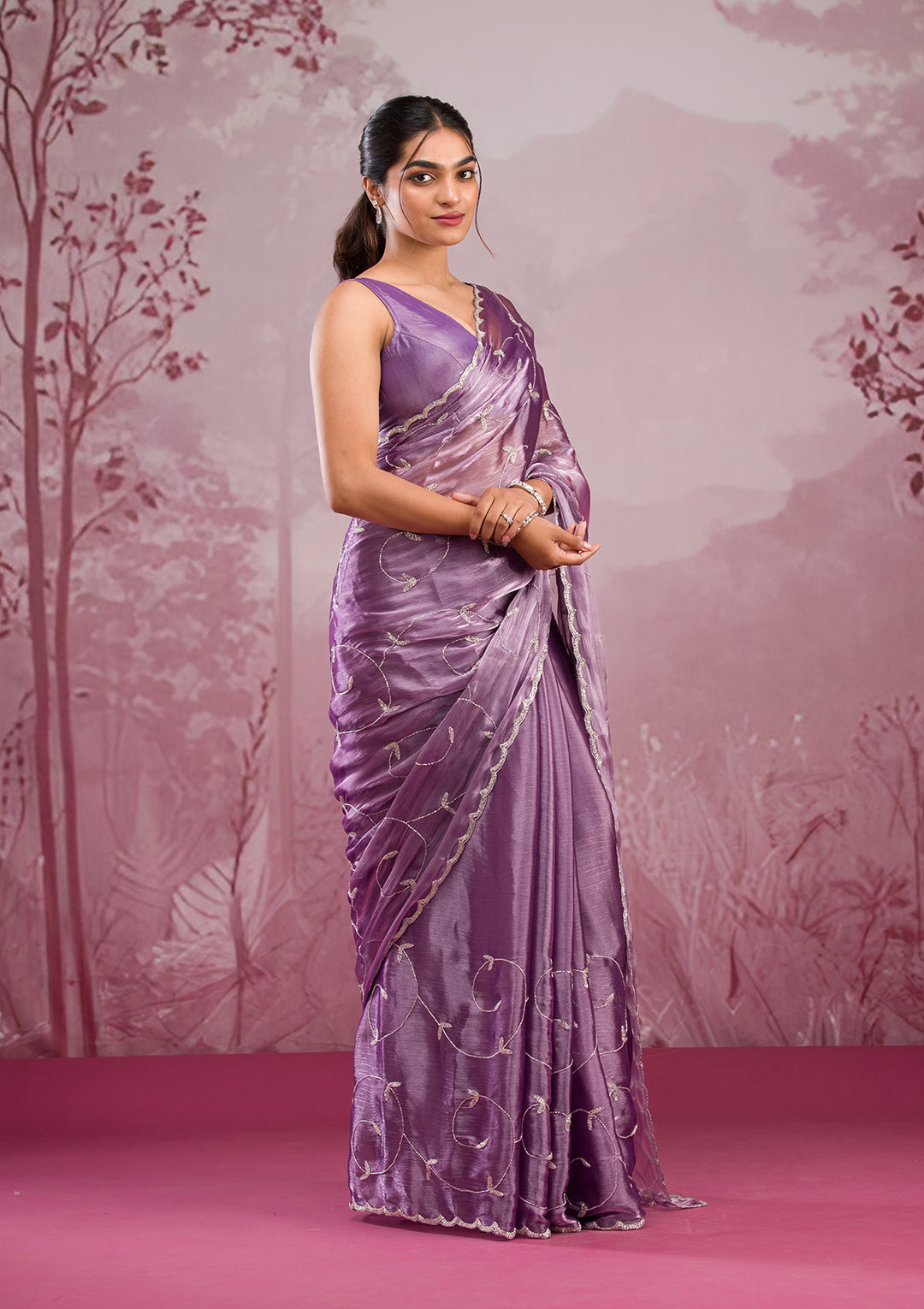 Lavender Organza Cutdana Saree With Matching Blouse Piece