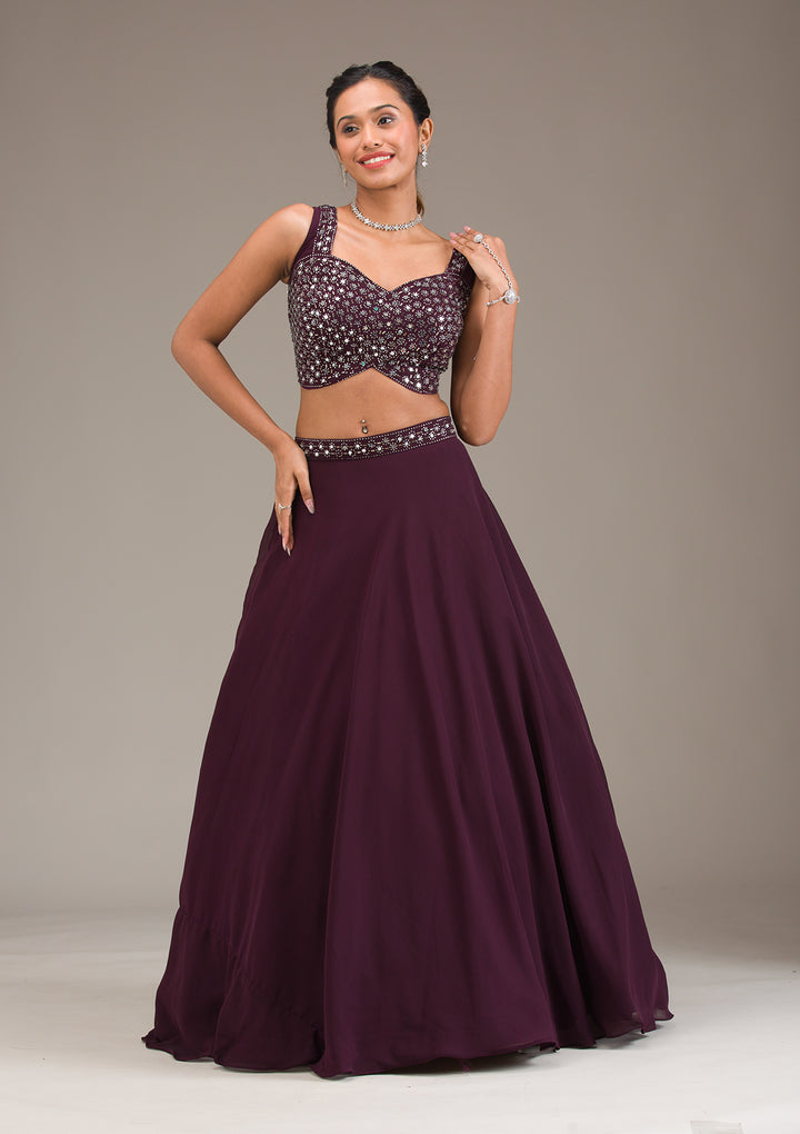 Koskii Plum Georgette Lehenga – Mirrorwork Elegance
