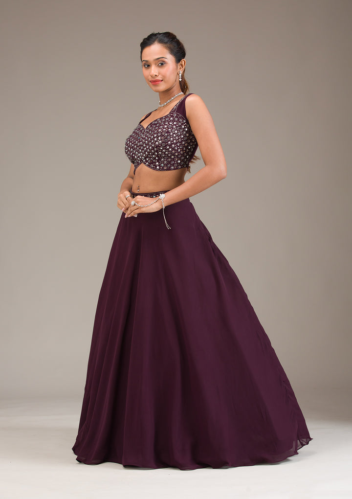 Koskii Plum Georgette Lehenga – Mirrorwork Elegance