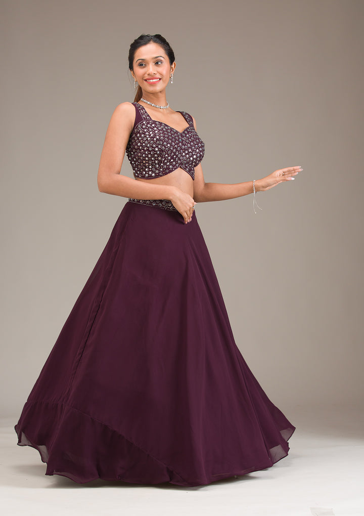 Koskii Plum Georgette Lehenga – Mirrorwork Elegance