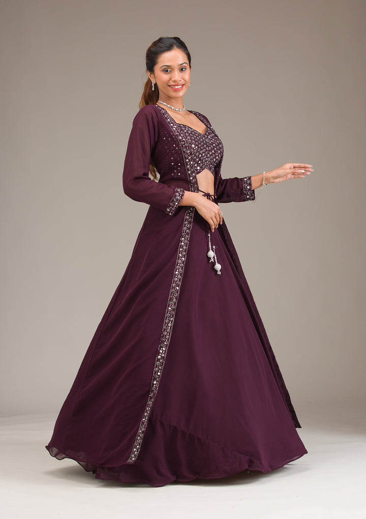 Koskii Plum Georgette Lehenga – Mirrorwork Elegance