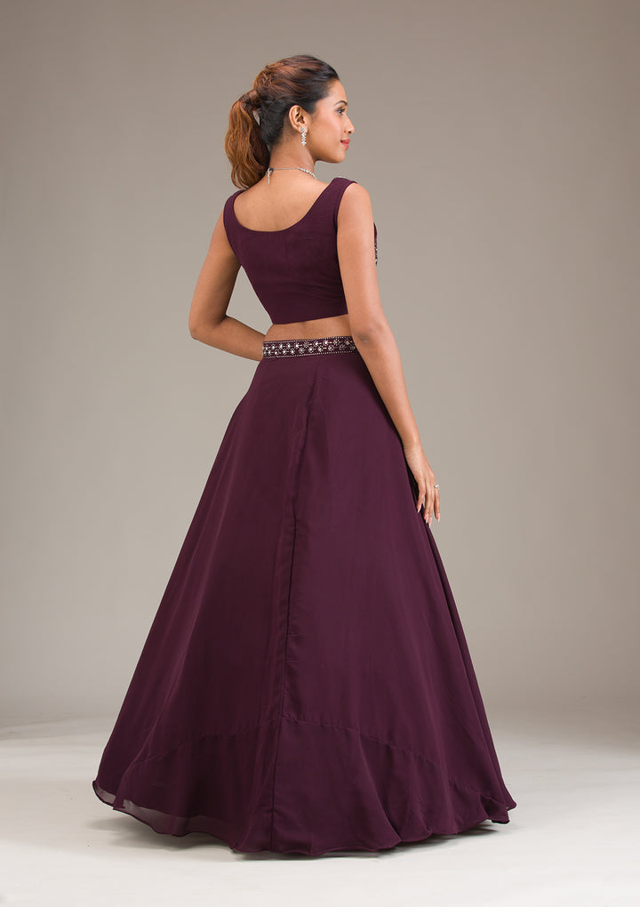 Koskii Plum Georgette Lehenga – Mirrorwork Elegance