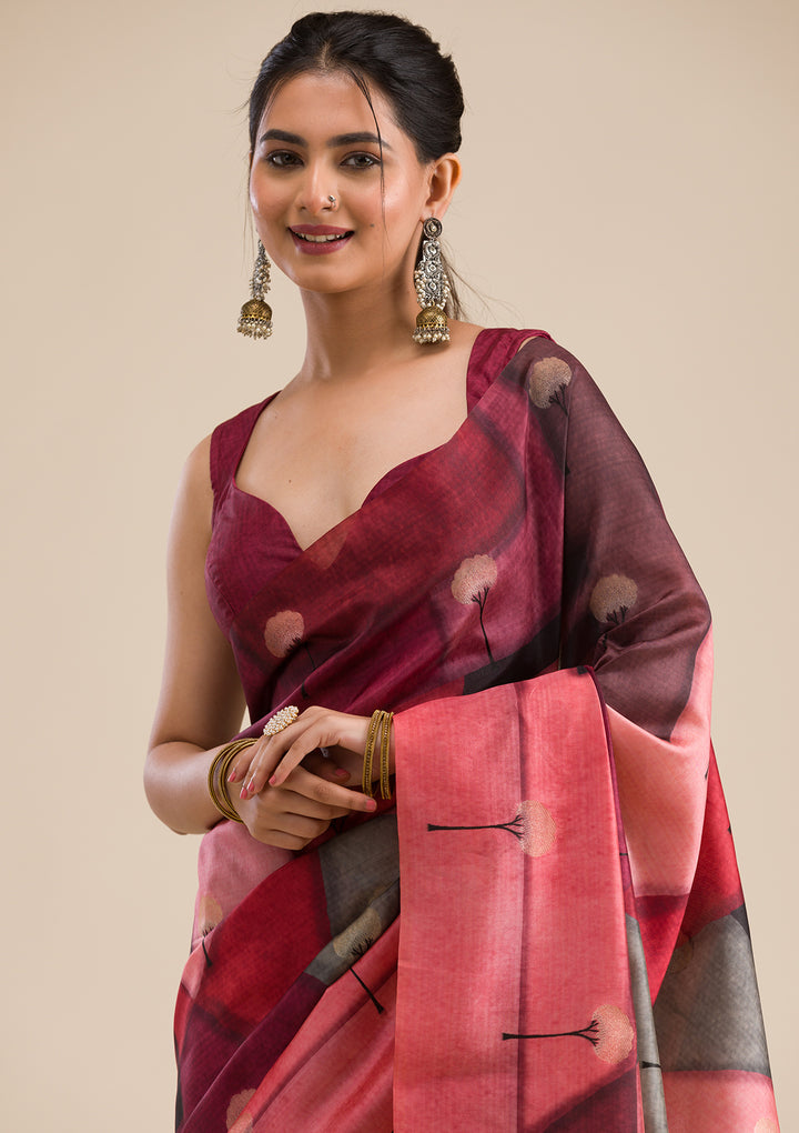 Wine Silk Checks Saree With Matching Blouse Piece