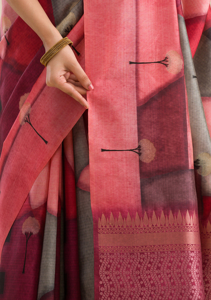 Wine Silk Checks Saree With Matching Blouse Piece