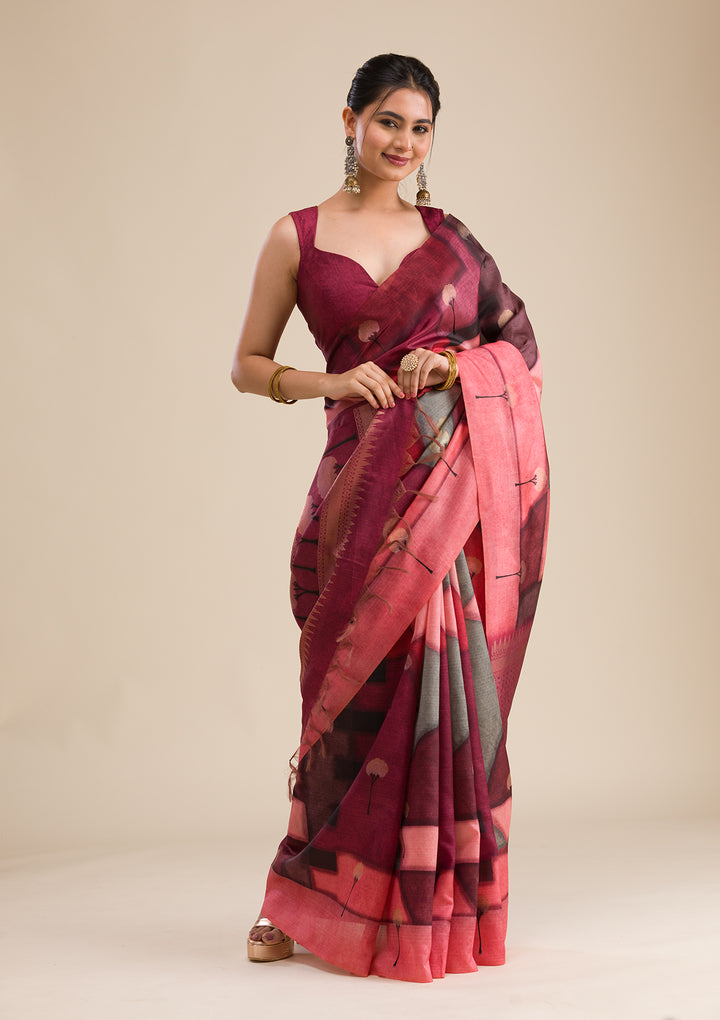 Wine Silk Checks Saree With Matching Blouse Piece