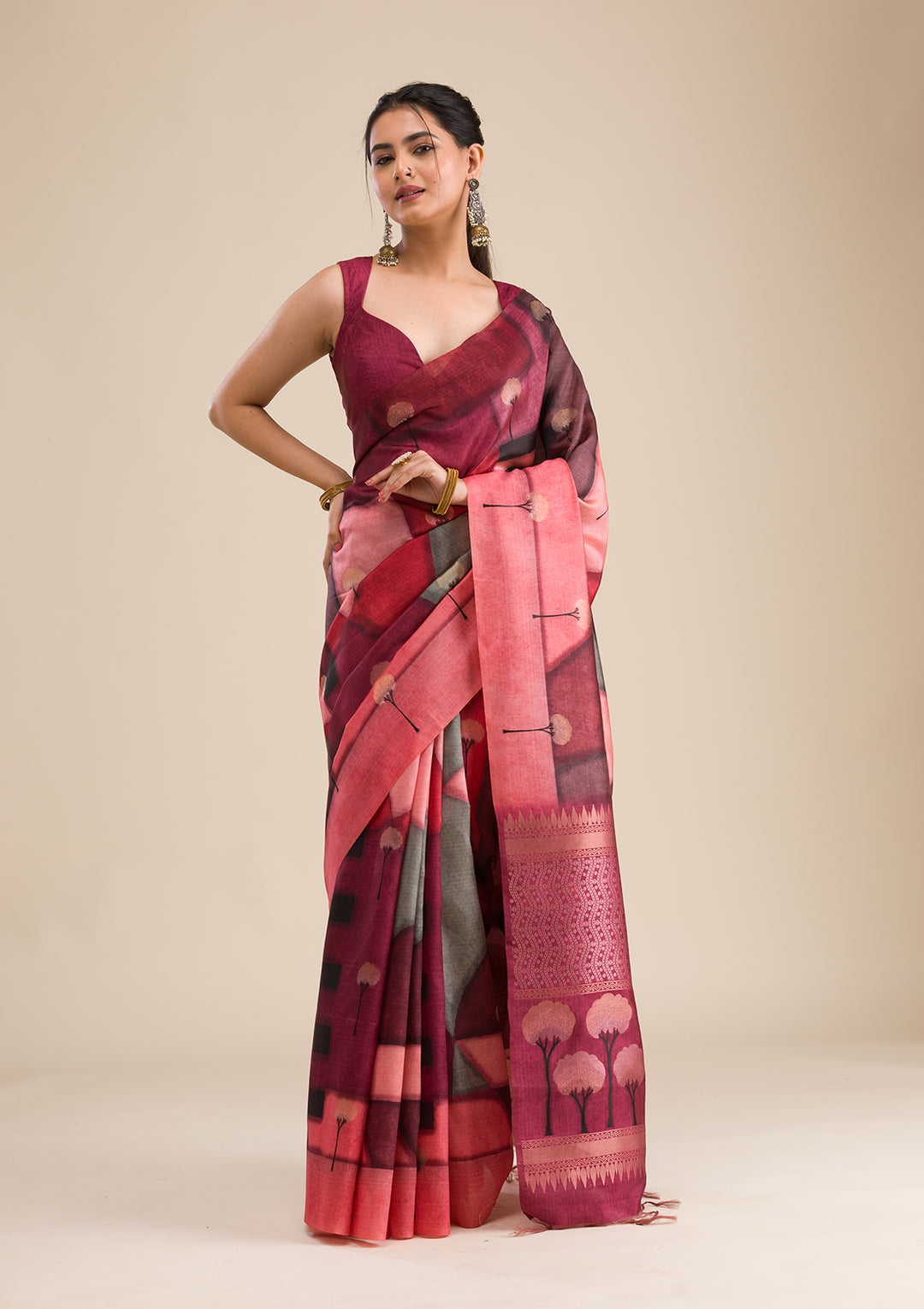Wine Silk Checks Saree With Matching Blouse Piece