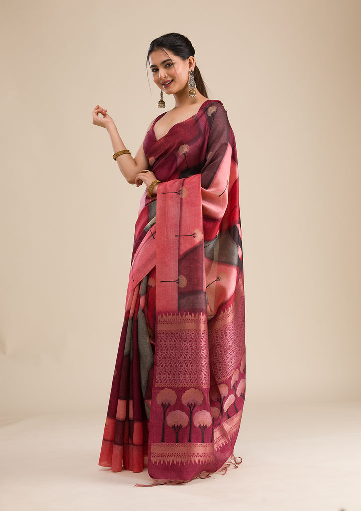 Wine Silk Checks Saree With Matching Blouse Piece