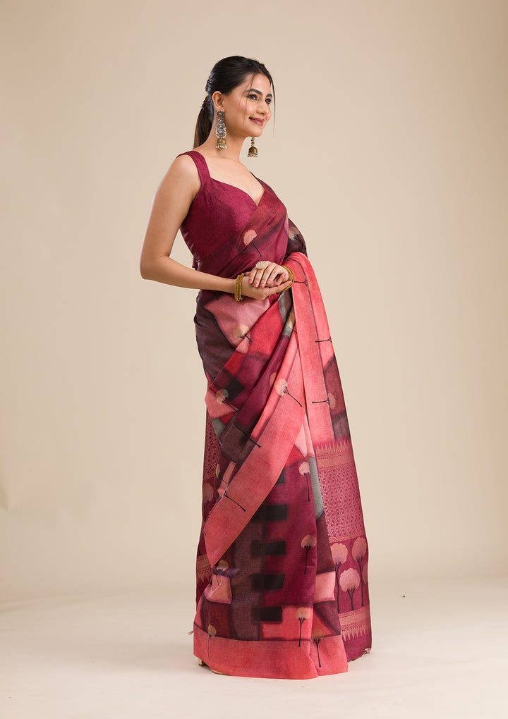 Wine Silk Checks Saree With Matching Blouse Piece