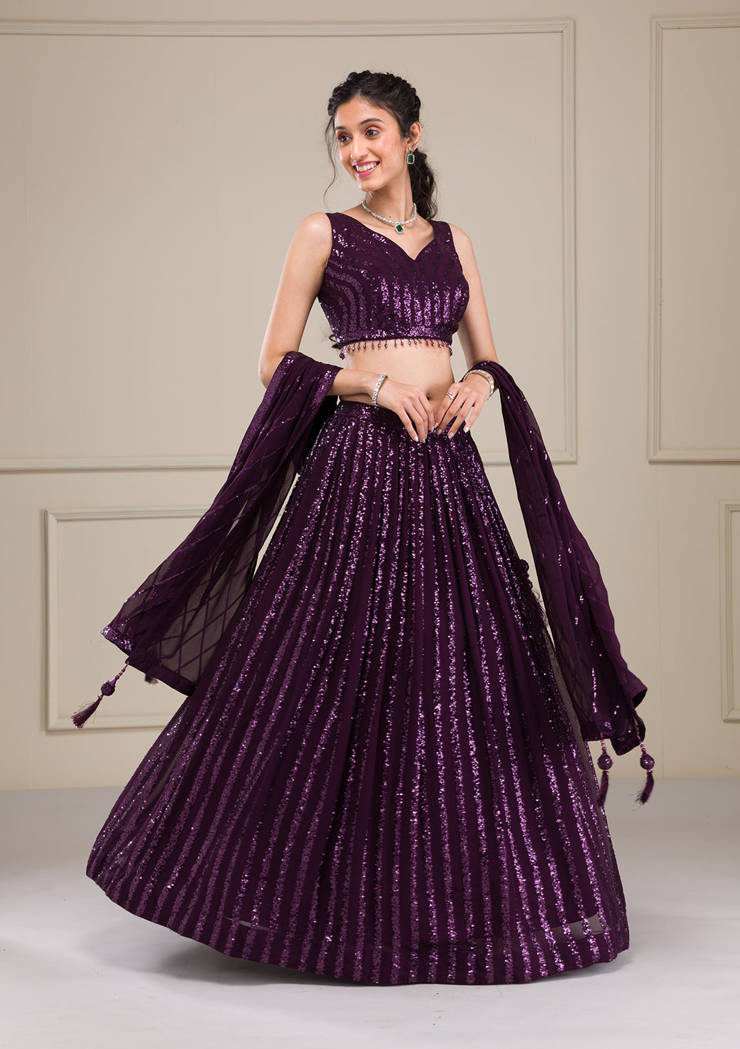 Wine Sequins Georgette Readymade Lehenga