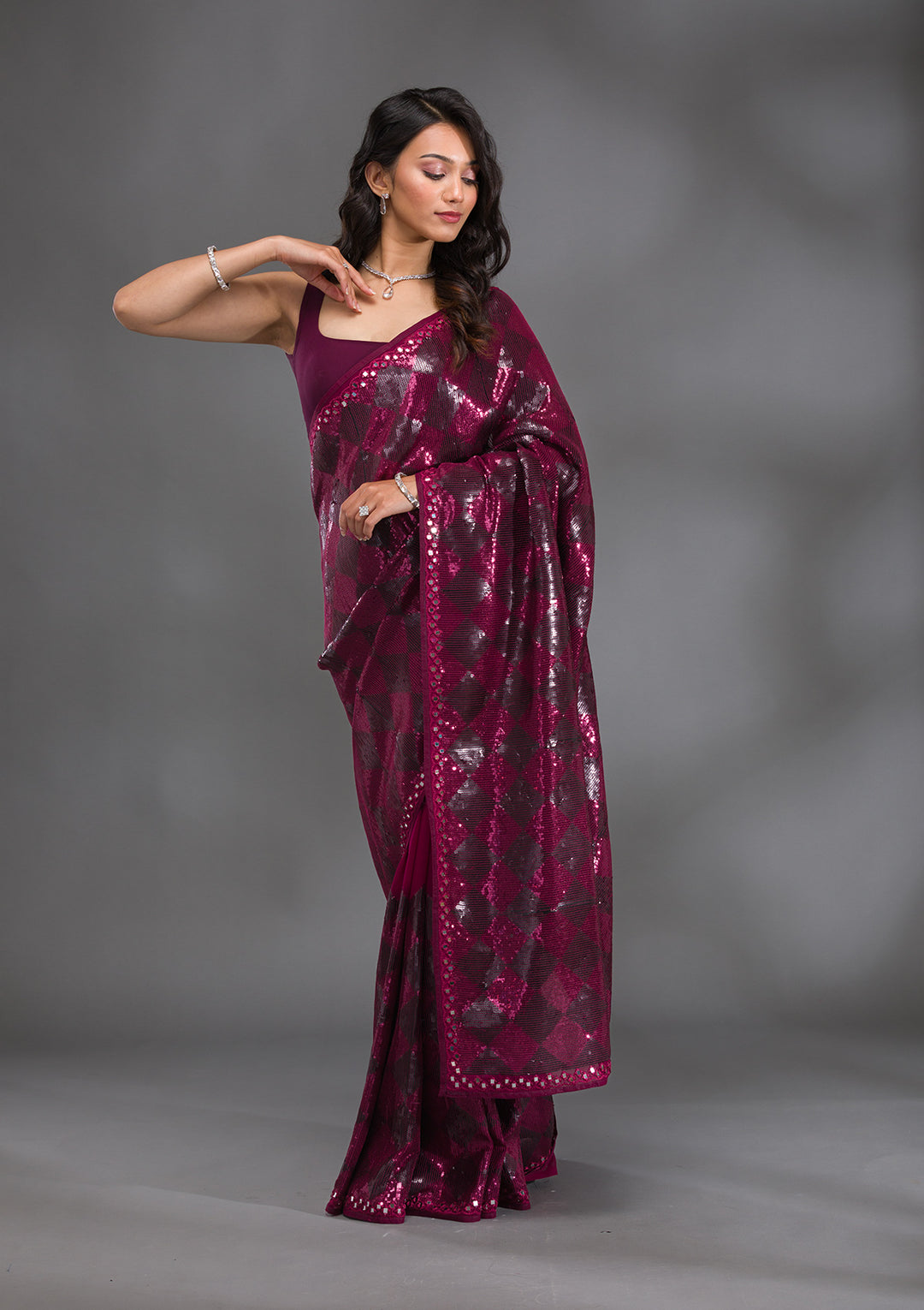 Wine Sequins Georgette Saree