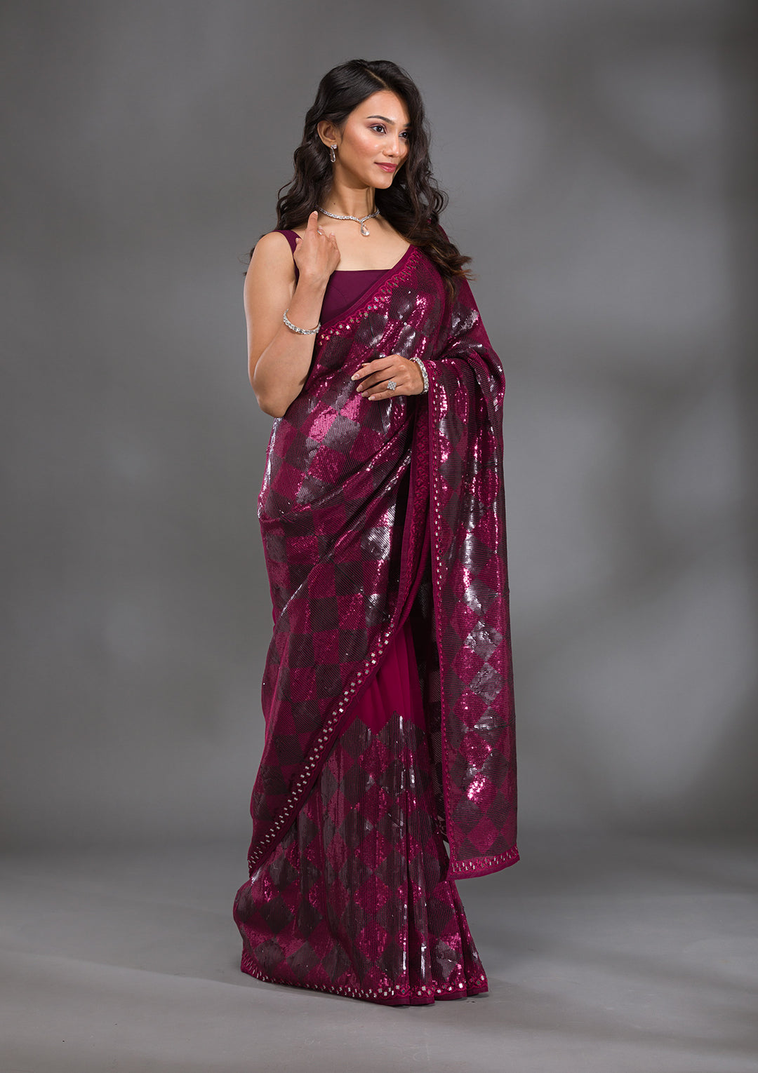 Wine Sequins Georgette Saree