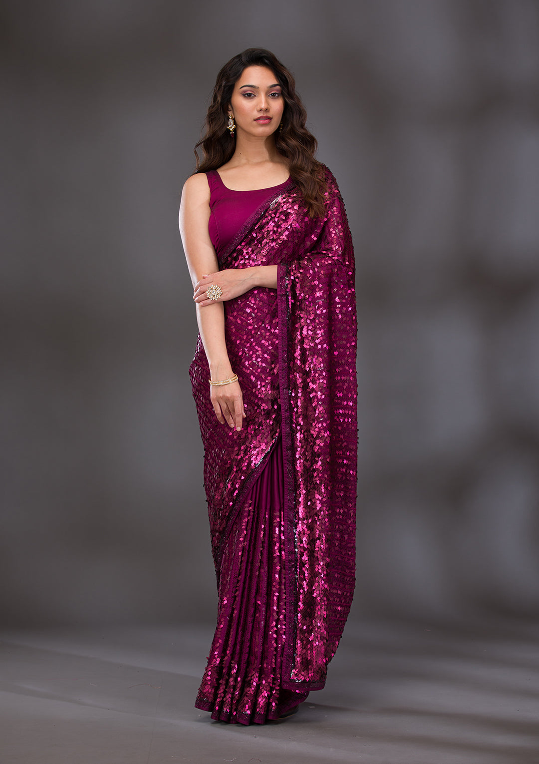 Wine Georgette Sequins Saree With Matching Blouse Piece