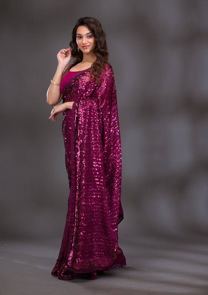 Wine Georgette Sequins Saree With Matching Blouse Piece