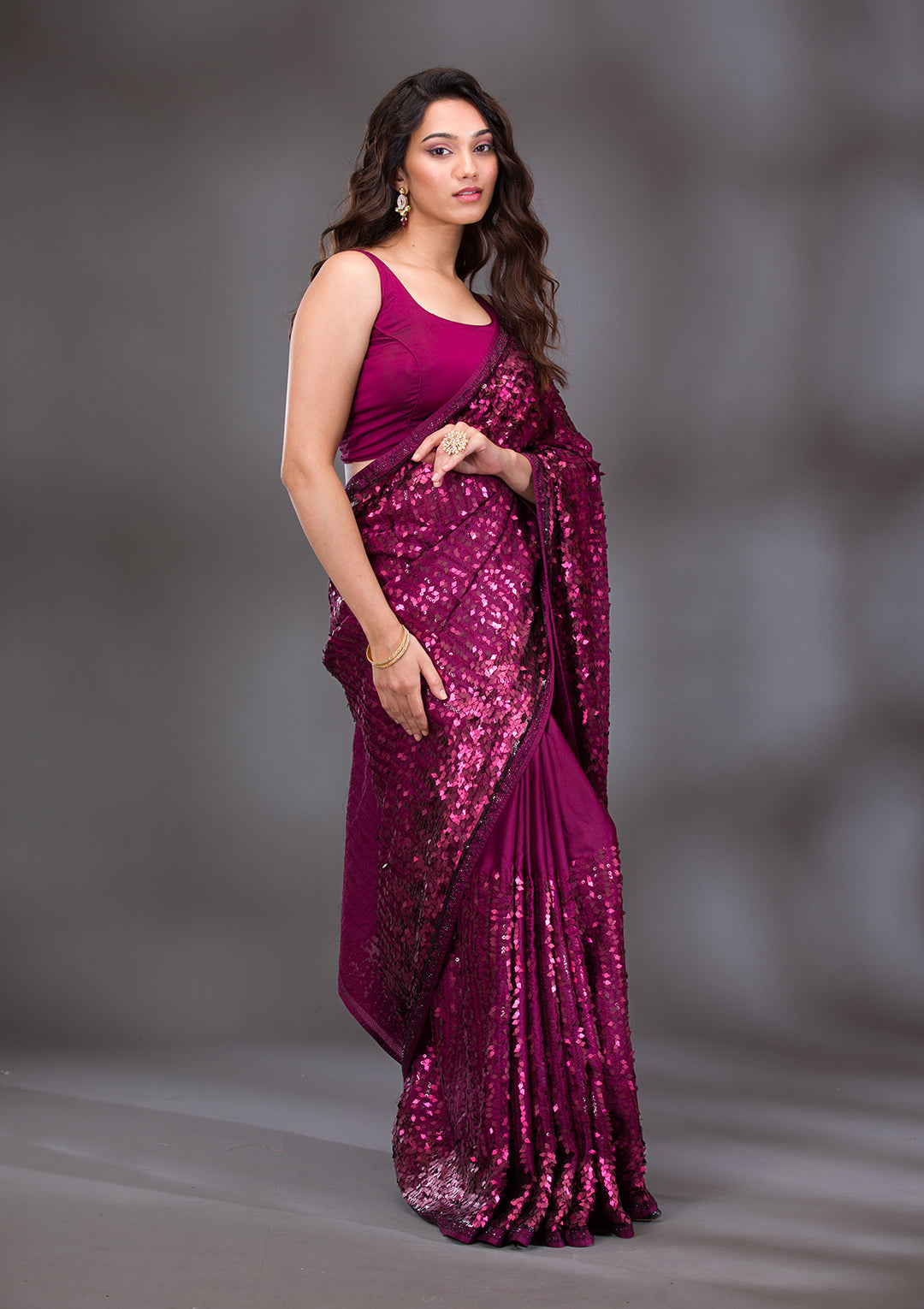 Wine Georgette Sequins Saree With Matching Blouse Piece