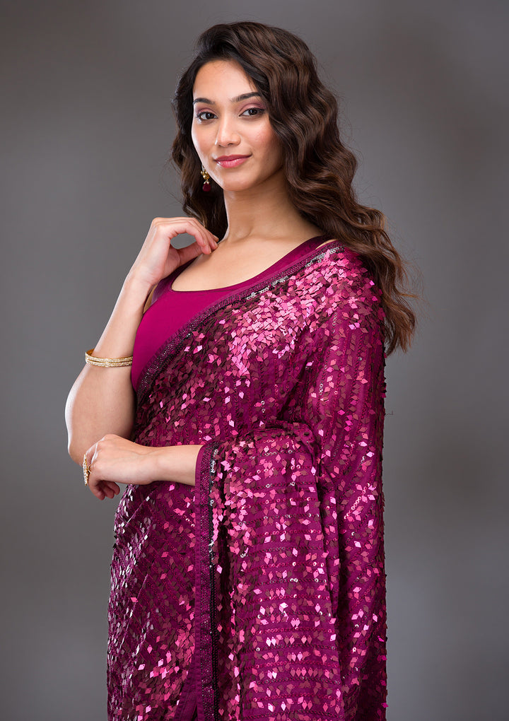 Wine Georgette Sequins Saree With Matching Blouse Piece