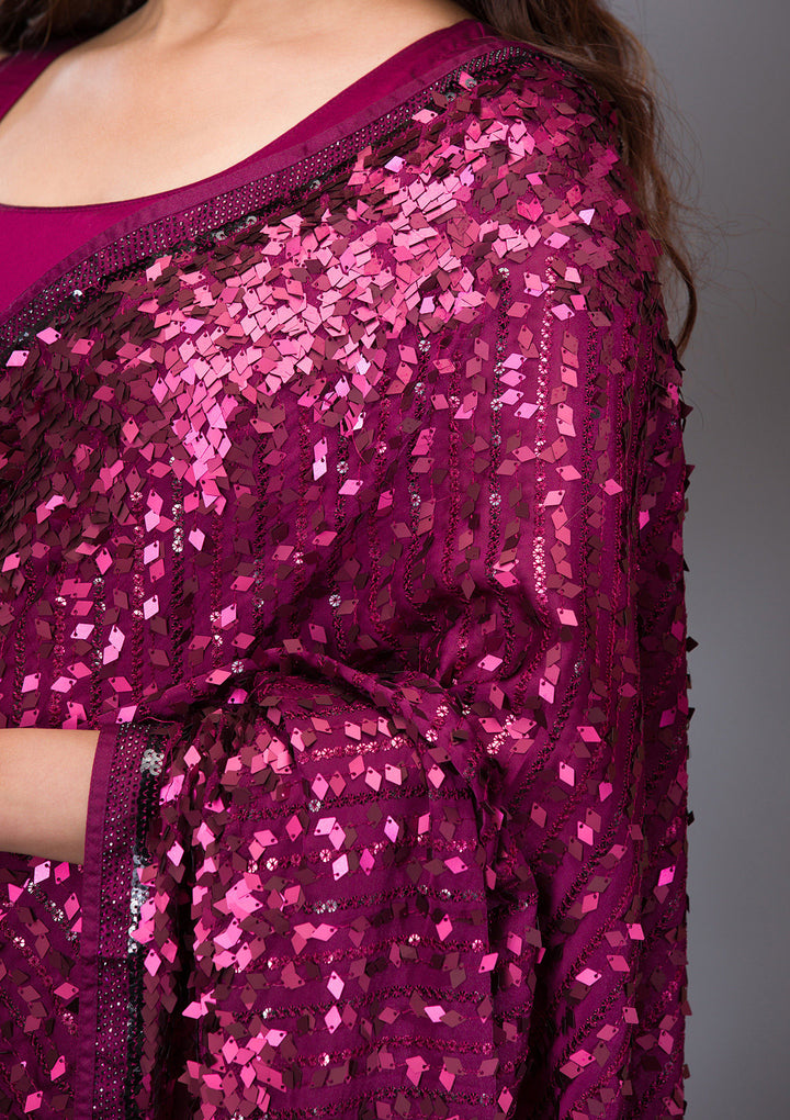 Wine Georgette Sequins Saree With Matching Blouse Piece