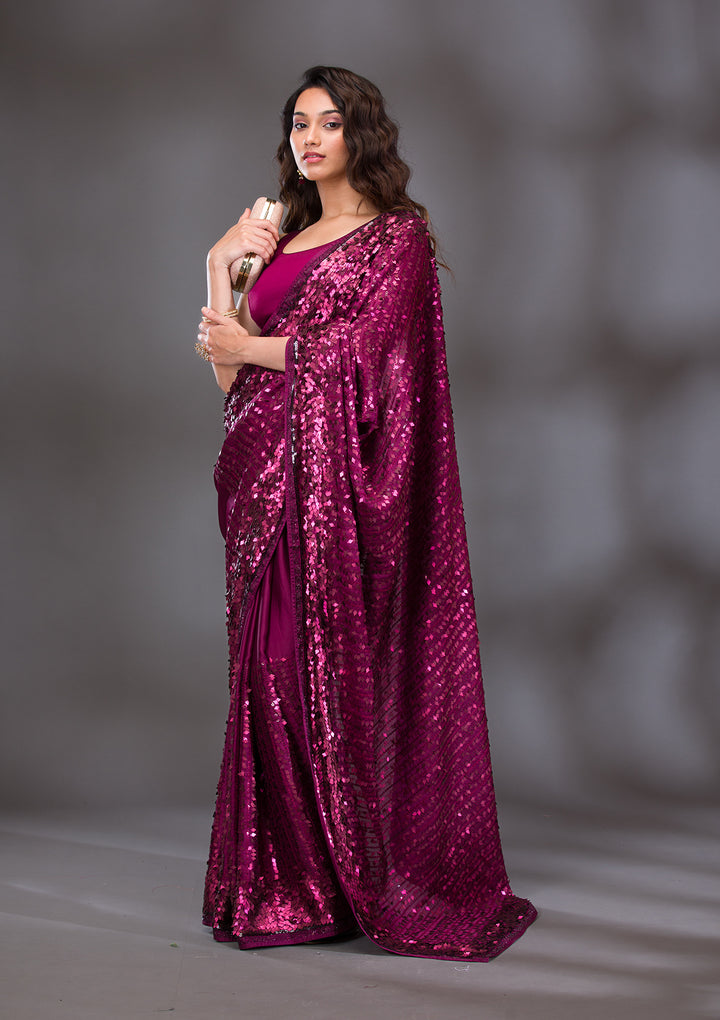 Wine Georgette Sequins Saree With Matching Blouse Piece
