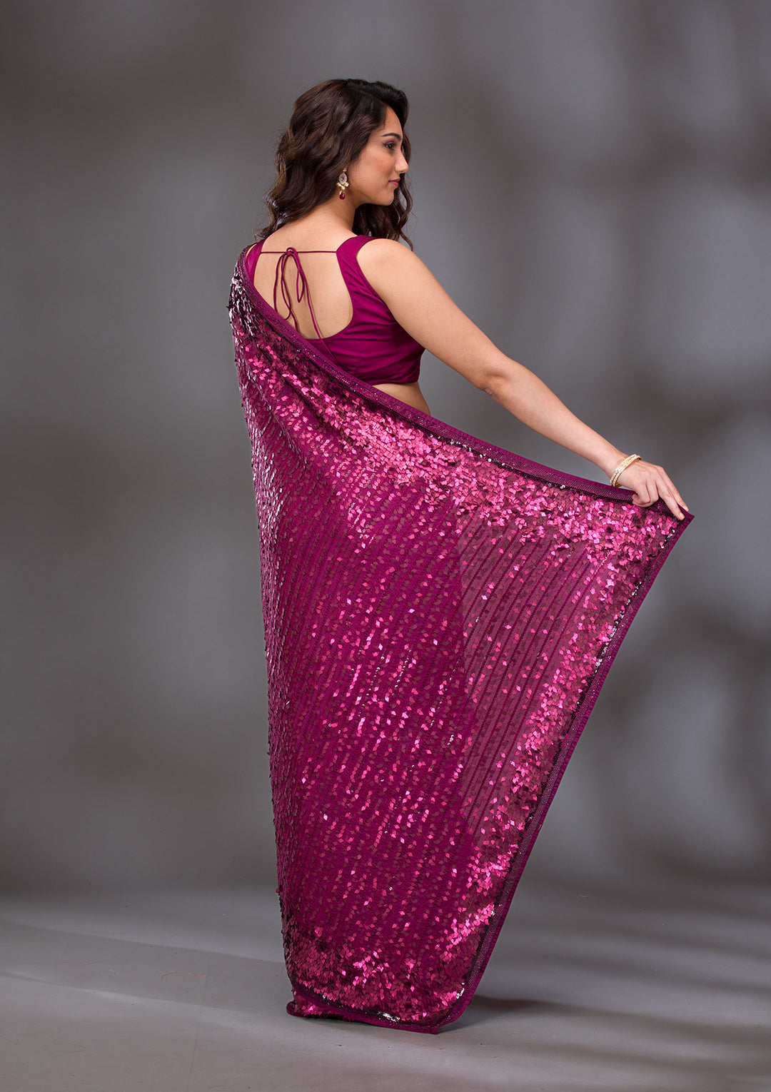 Wine Georgette Sequins Saree With Matching Blouse Piece