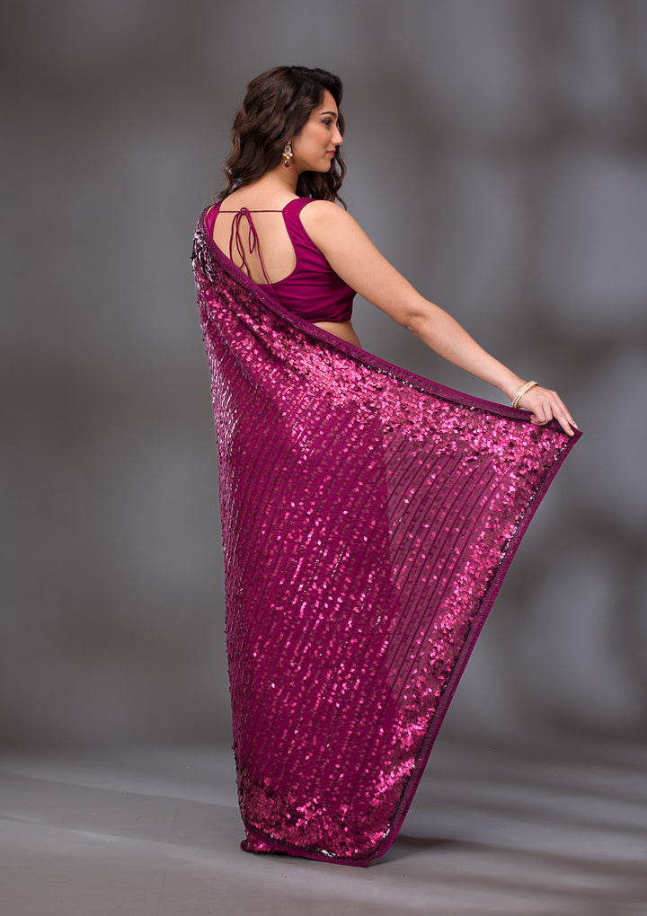 Wine Georgette Sequins Saree With Matching Blouse Piece