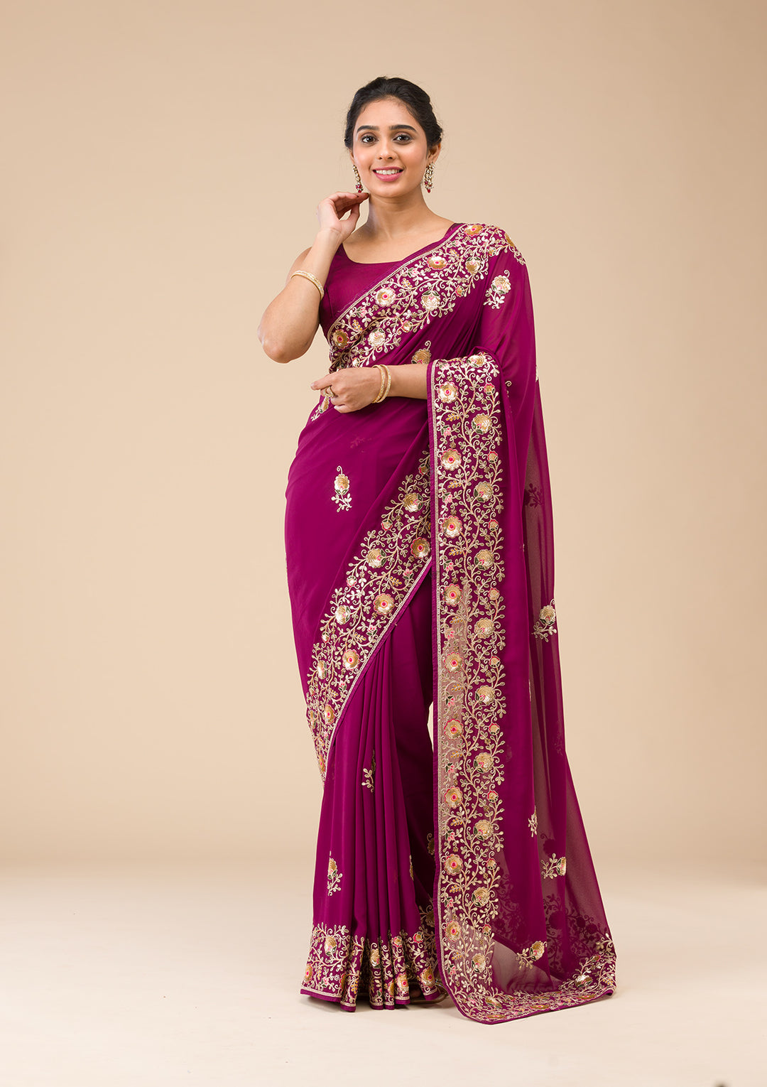 Wine Georgette Sequins Saree With Matching Blouse Piece