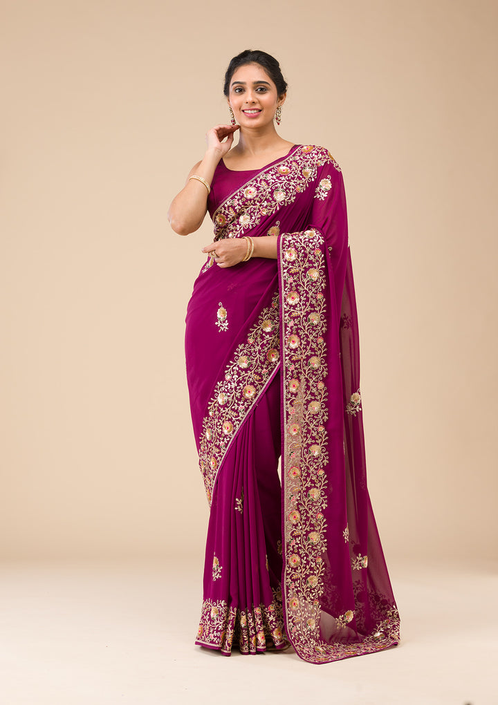 Wine Georgette Sequins Saree With Matching Blouse Piece