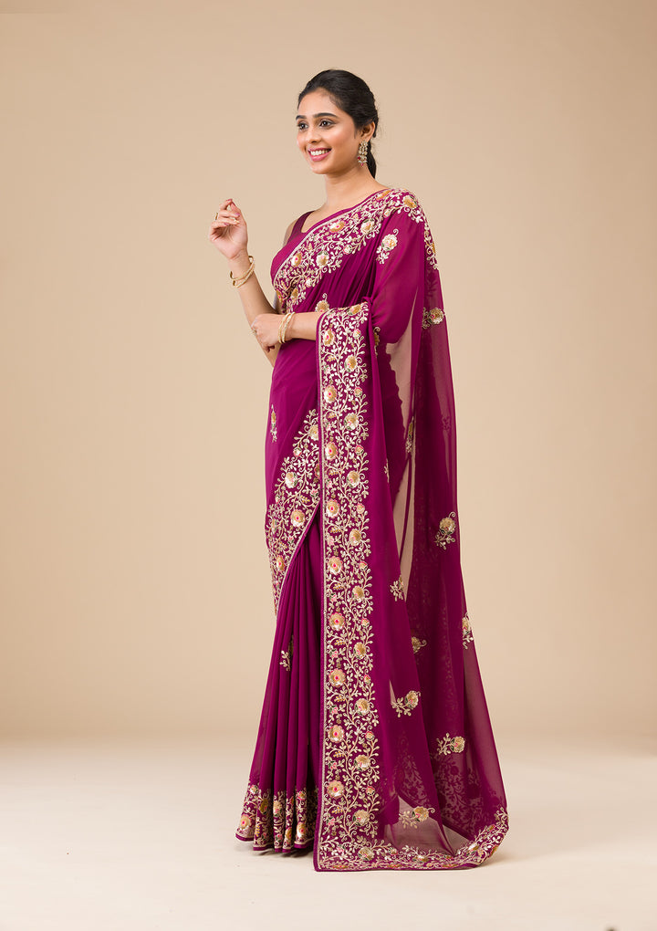 Wine Georgette Sequins Saree With Matching Blouse Piece